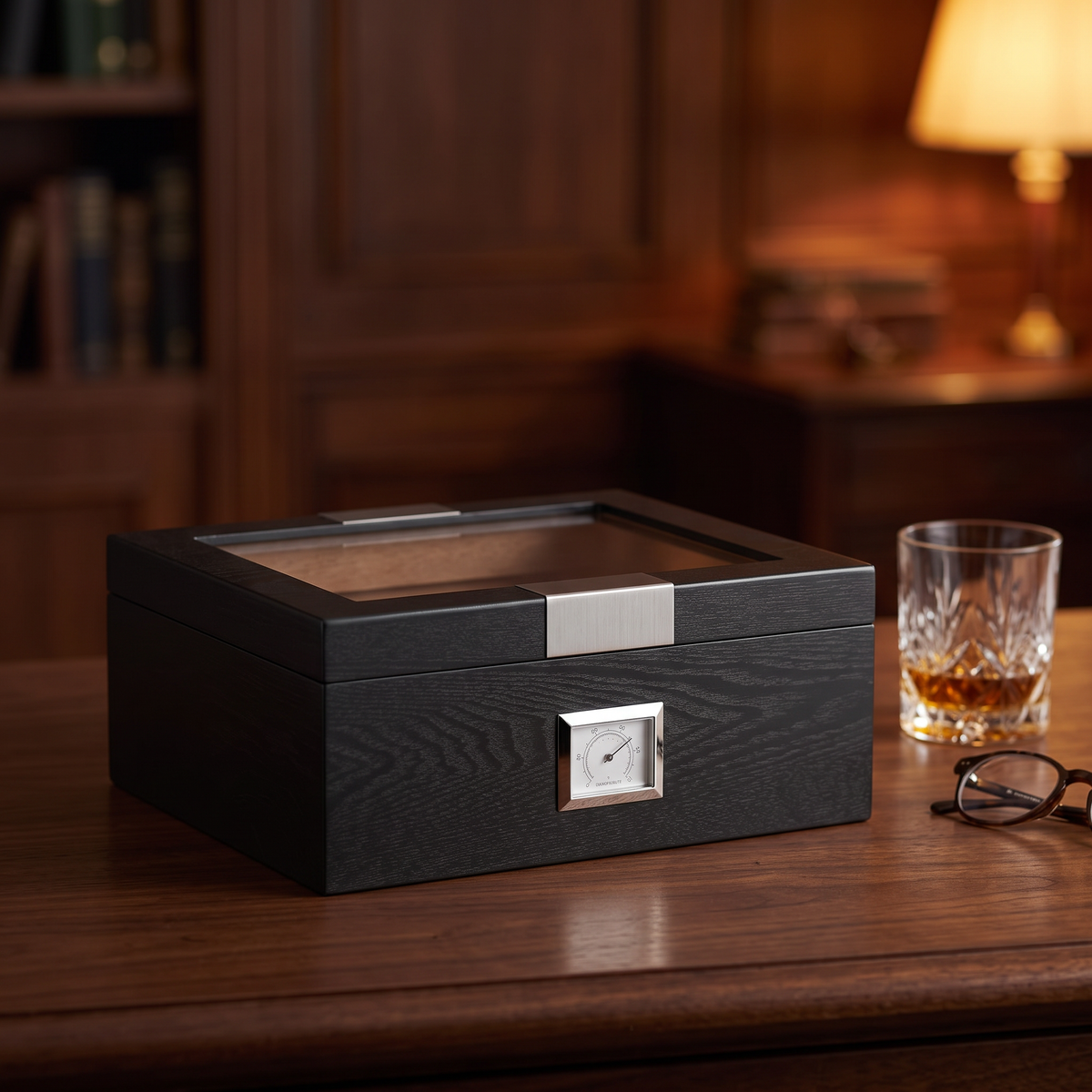 25 CT Black Cigar Humidor OAK Veneer Box for Cigars — lifestyle shot