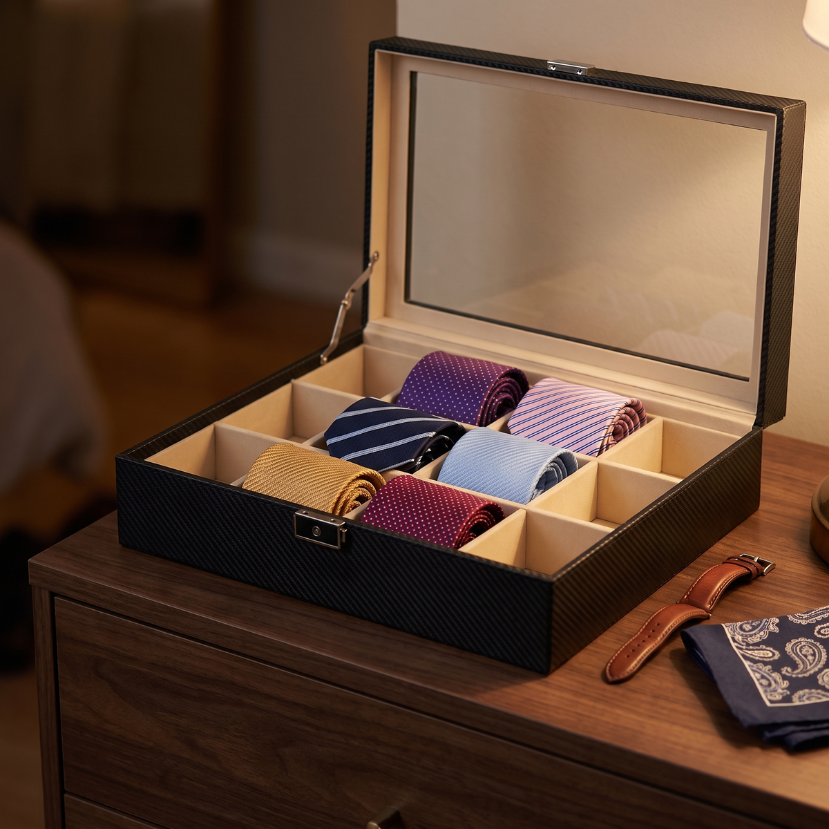 Carbon Fibre Leather Tie Box for 12 — lifestyle shot