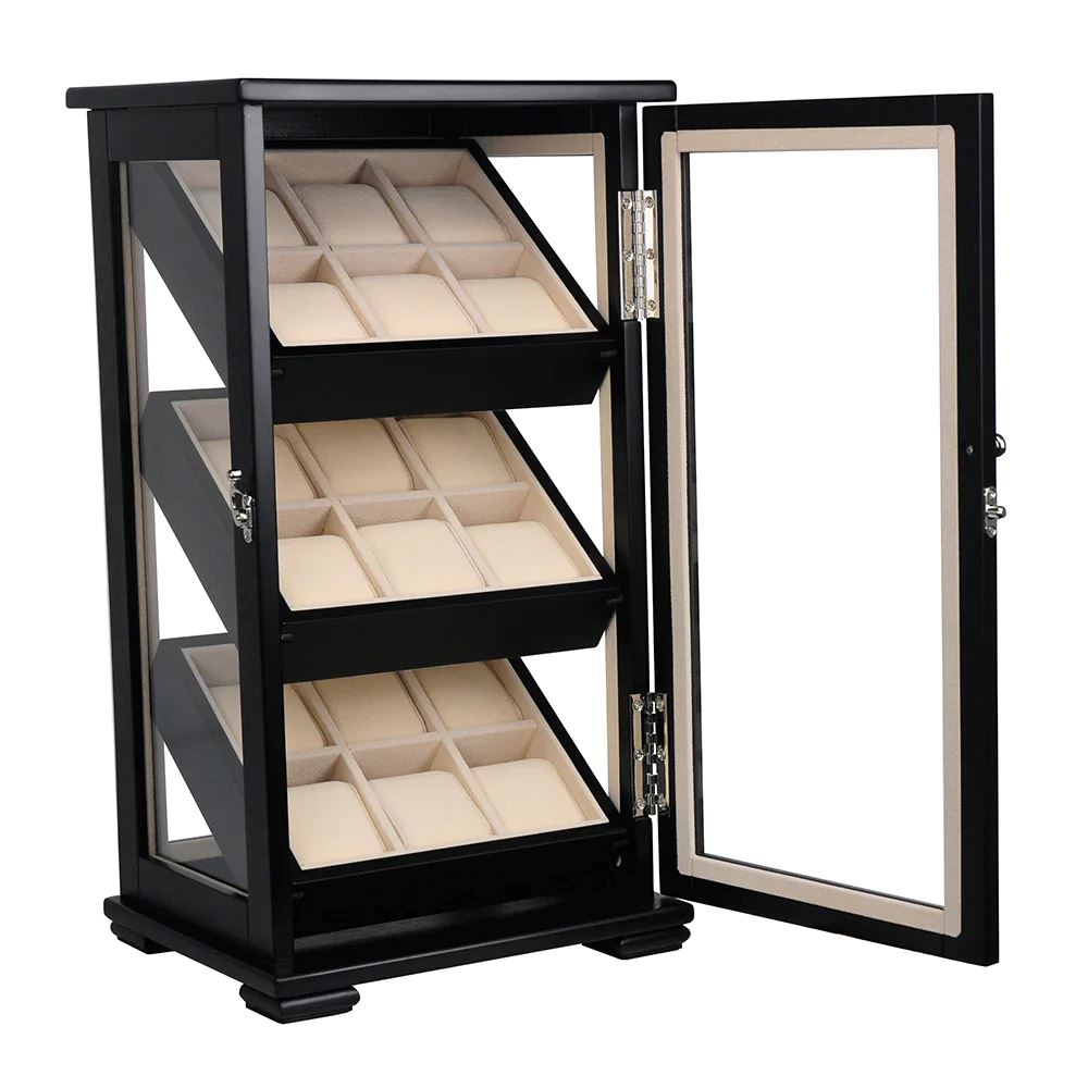 Black Wooden Watch Cabinet for 18 watches Watch Boxes Clinks