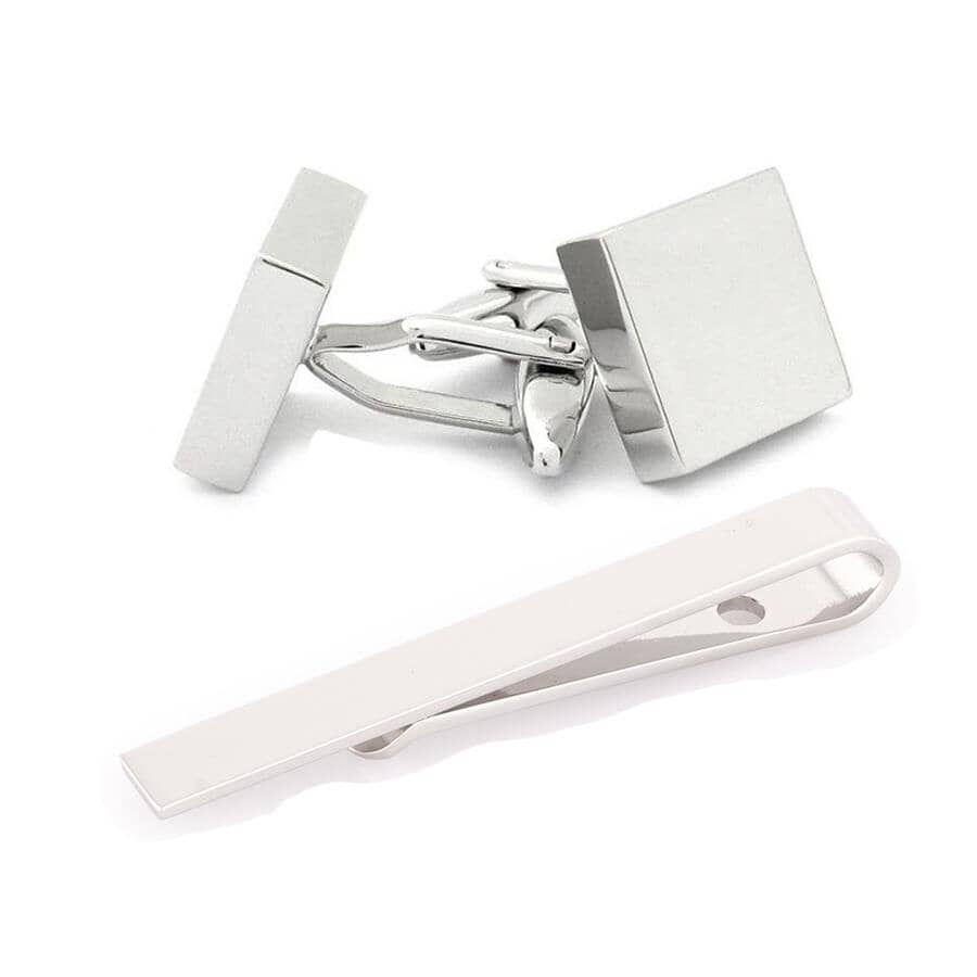 Shiny Silver Square Engravable Cufflinks & Tie Bar Set Gift Set Clinks Autralia Default
