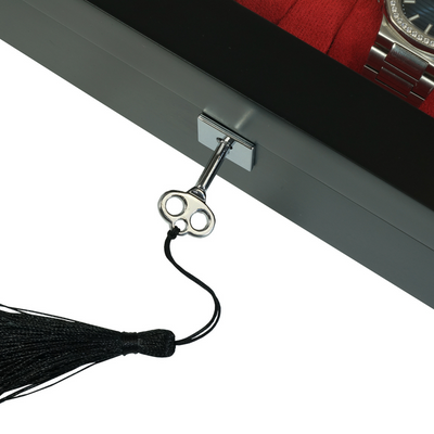 8 Slot Black Wooden Watch Box with Red Interior