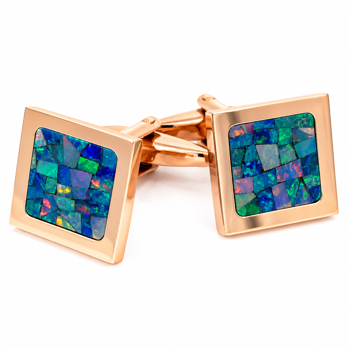 Australian Square Opal Cufflinks  (Green Shiny Rose Gold)