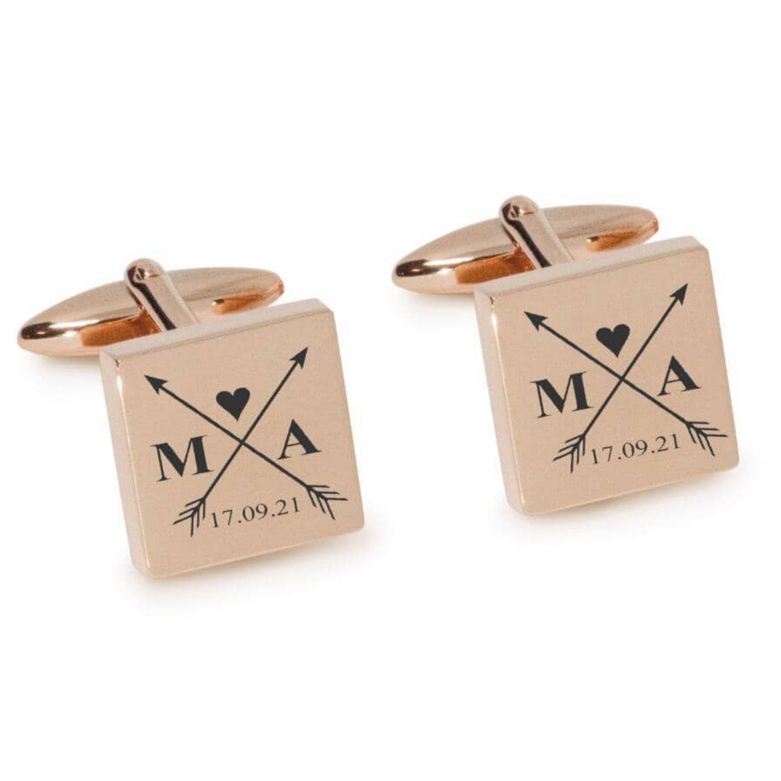 Crossed Arrows with Loveheart, Initials and Date Engraved Cufflinks in Rose Gold