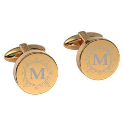 Decorated Round Initials Engraved Cufflinks in Gold
