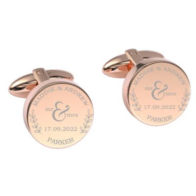 Mr + Mrs Name and Date Engraved Cufflinks in Rose Gold