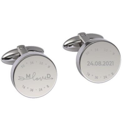 Latitude-Longitude Initials & Date Round Engraved Cufflinks in Silver