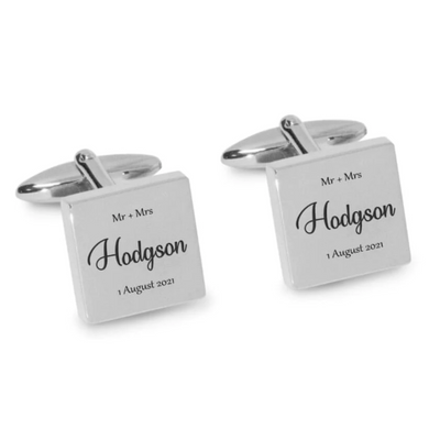 Mr Mrs Last Name with Date Engraved Wedding Cufflinks in Silver