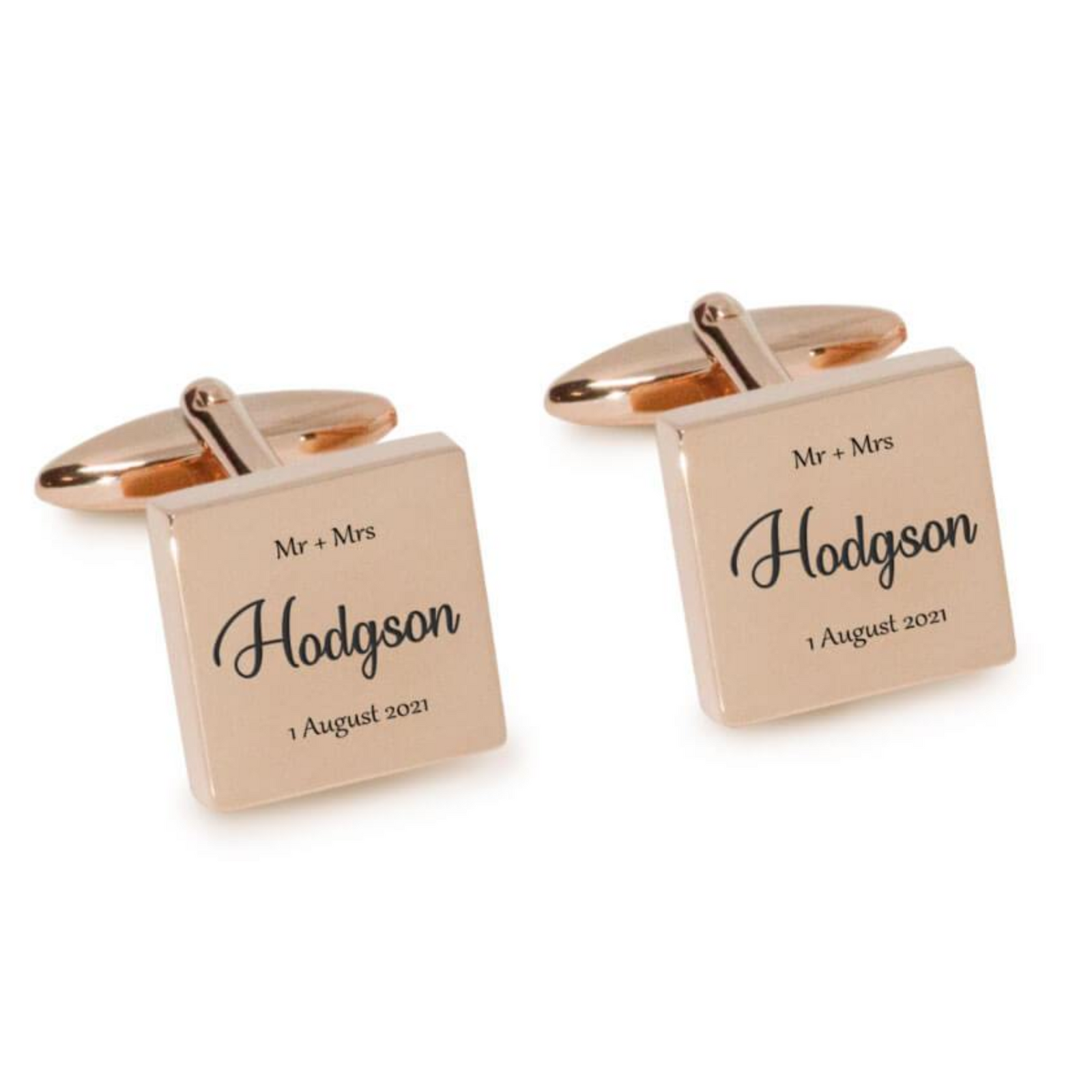 Mr Mrs Last Name with Date Engraved Wedding Cufflinks in Rose Gold