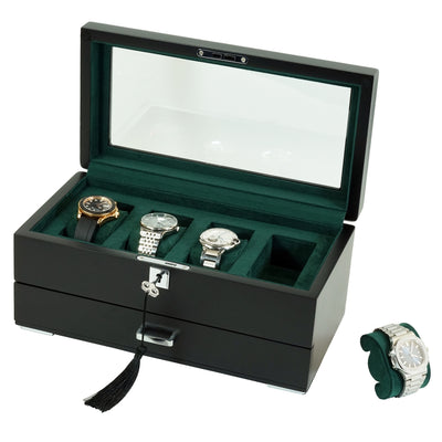 4 Slots Wooden Watch Box with Green Interior and Drawer