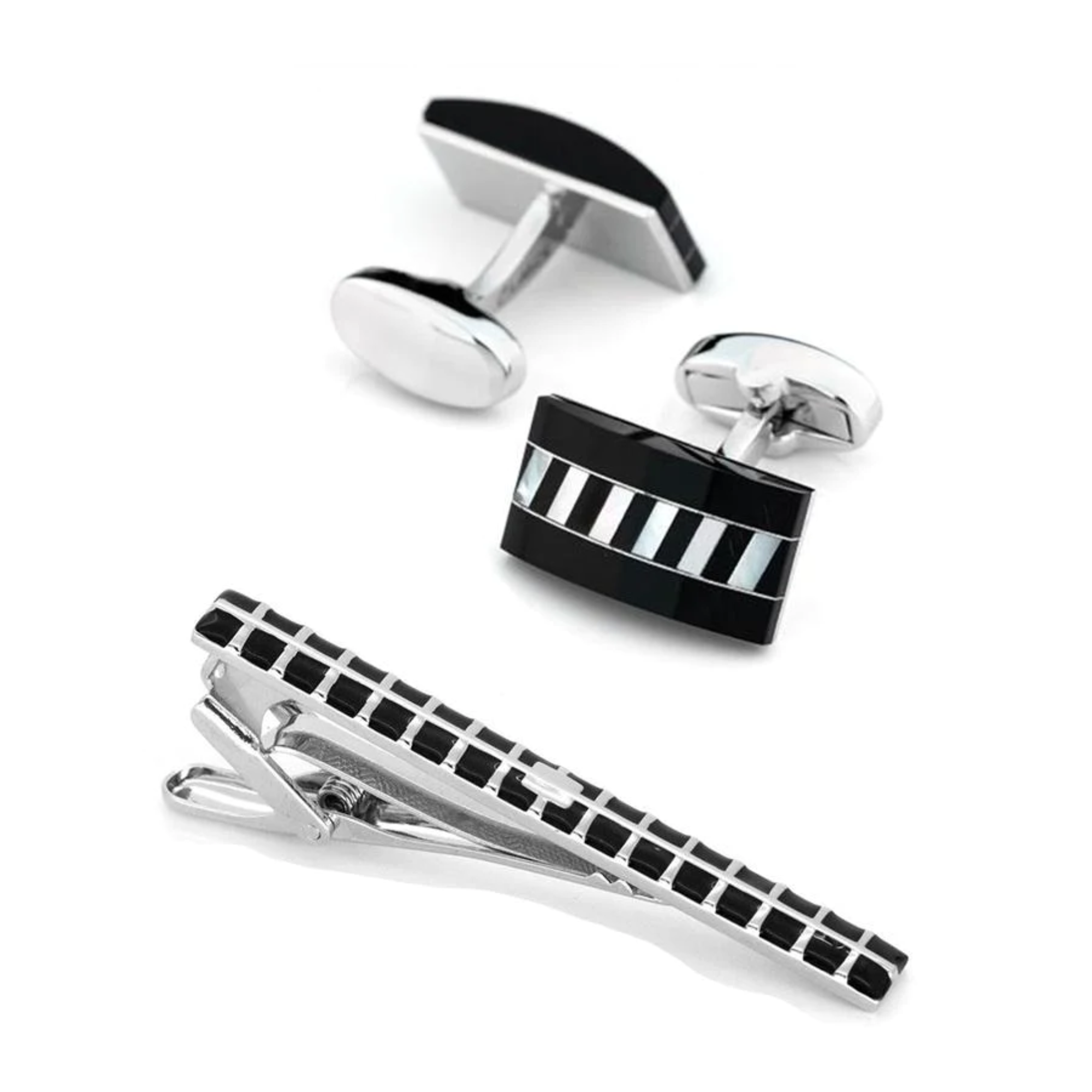 Onyx with Mother of Pearl Cufflinks & Tie Clip Set