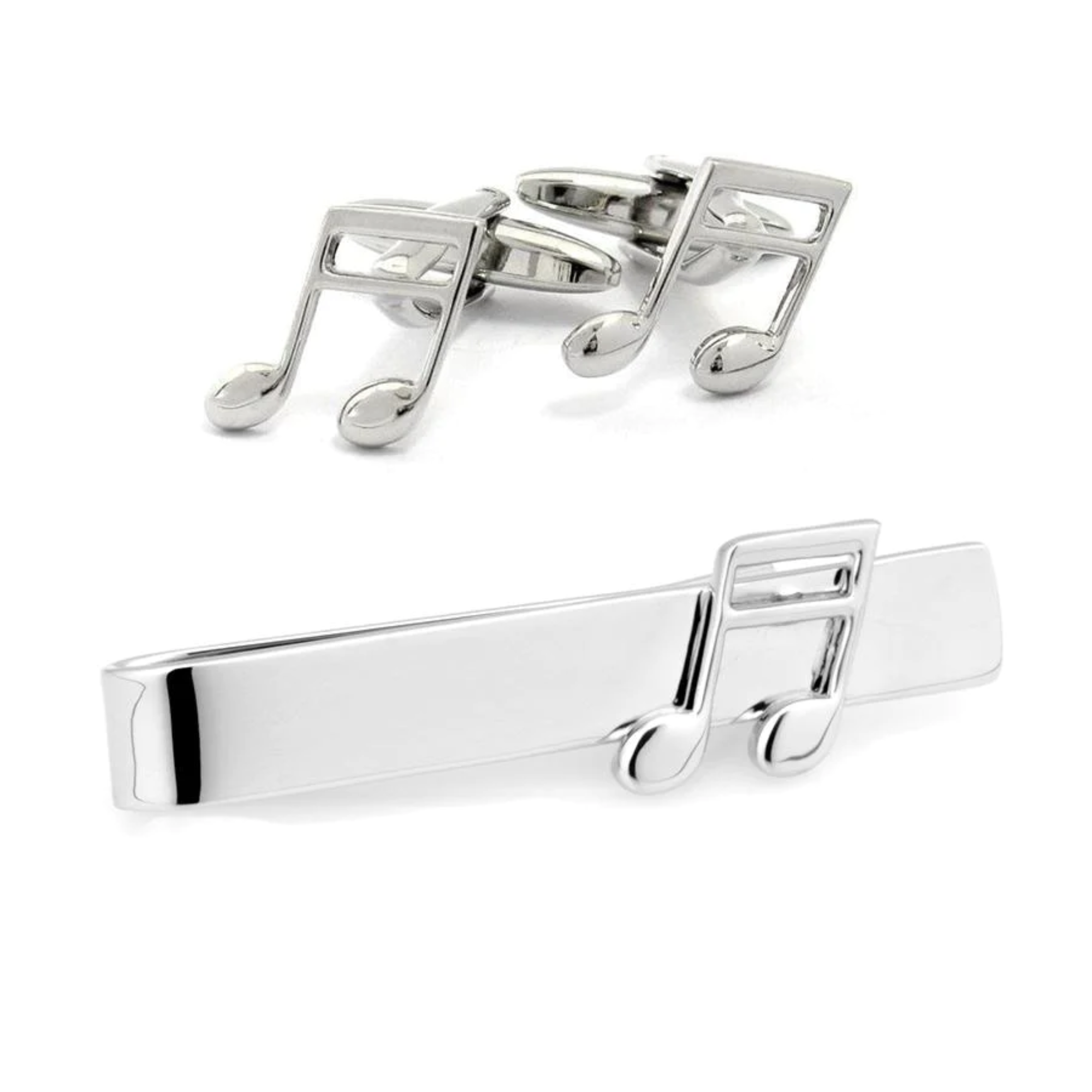 Musical Note Silver Cufflinks & Tie Bar Set