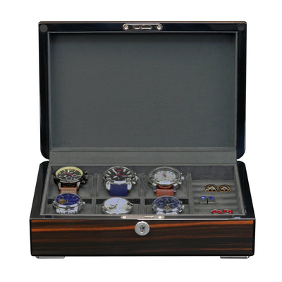 6 Slots Watch Box with Cufflinks Storage and Lock in Wooden Ebony