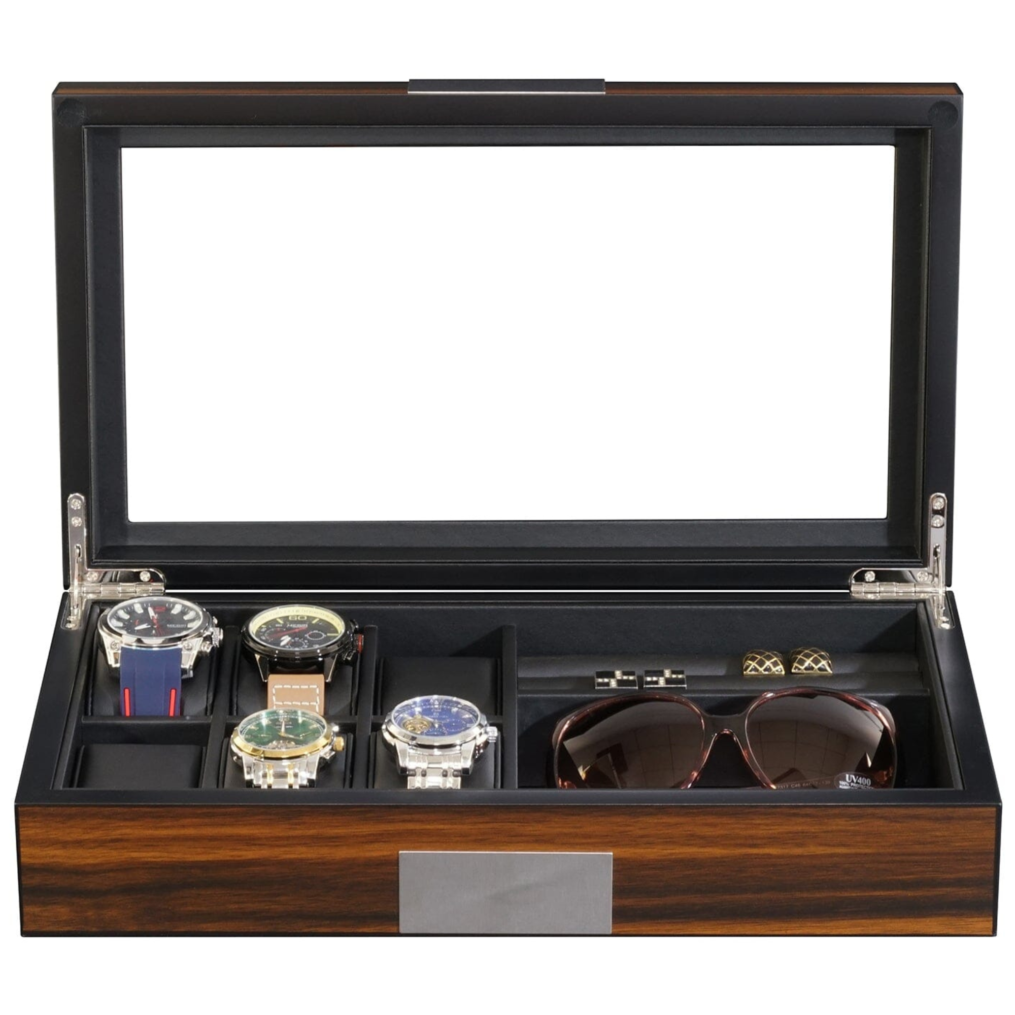 6 Slots Watch Box with Cufflinks and Sunglasses Storage in Ebony Wood