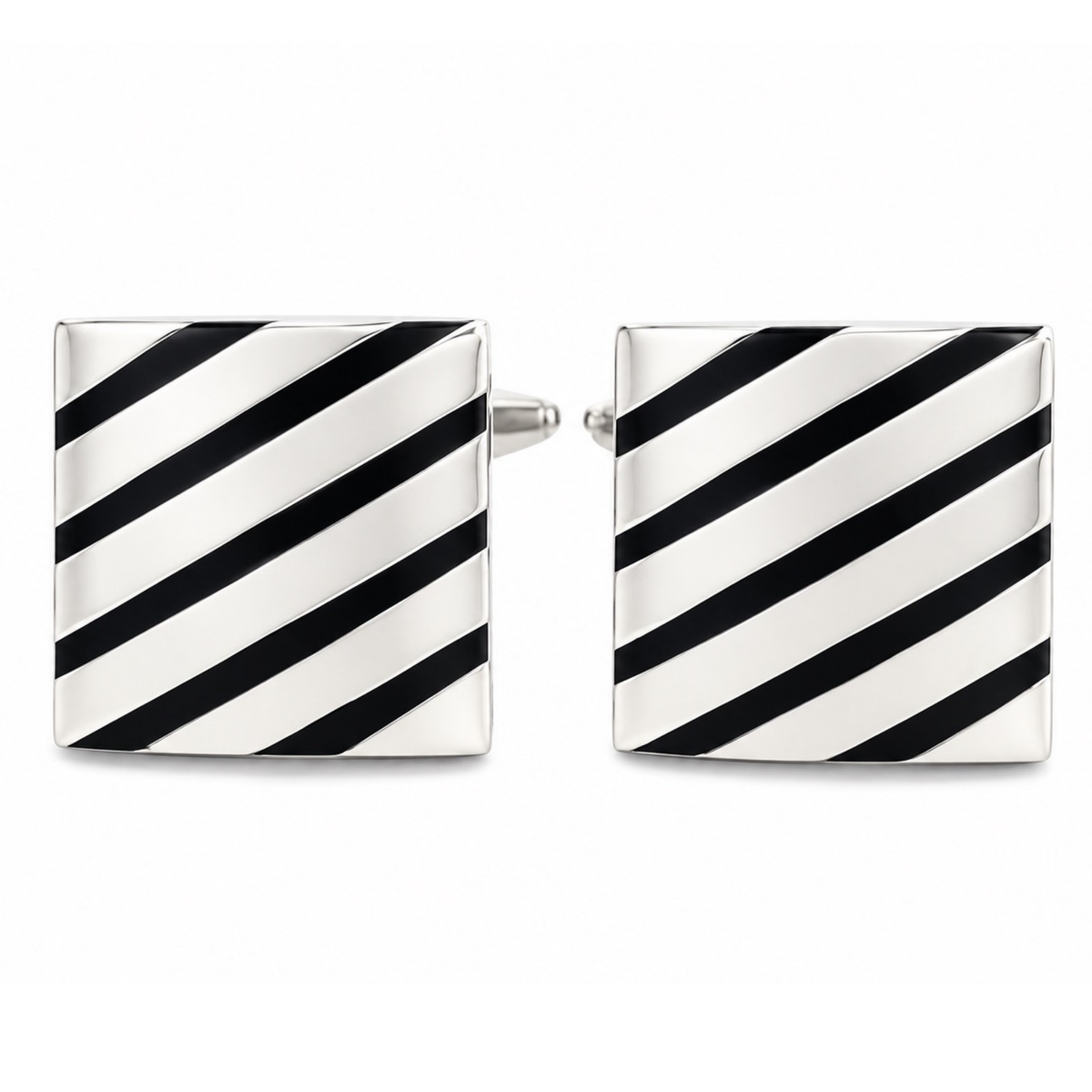 Black Diagonal Stripes on silver Cufflinks
