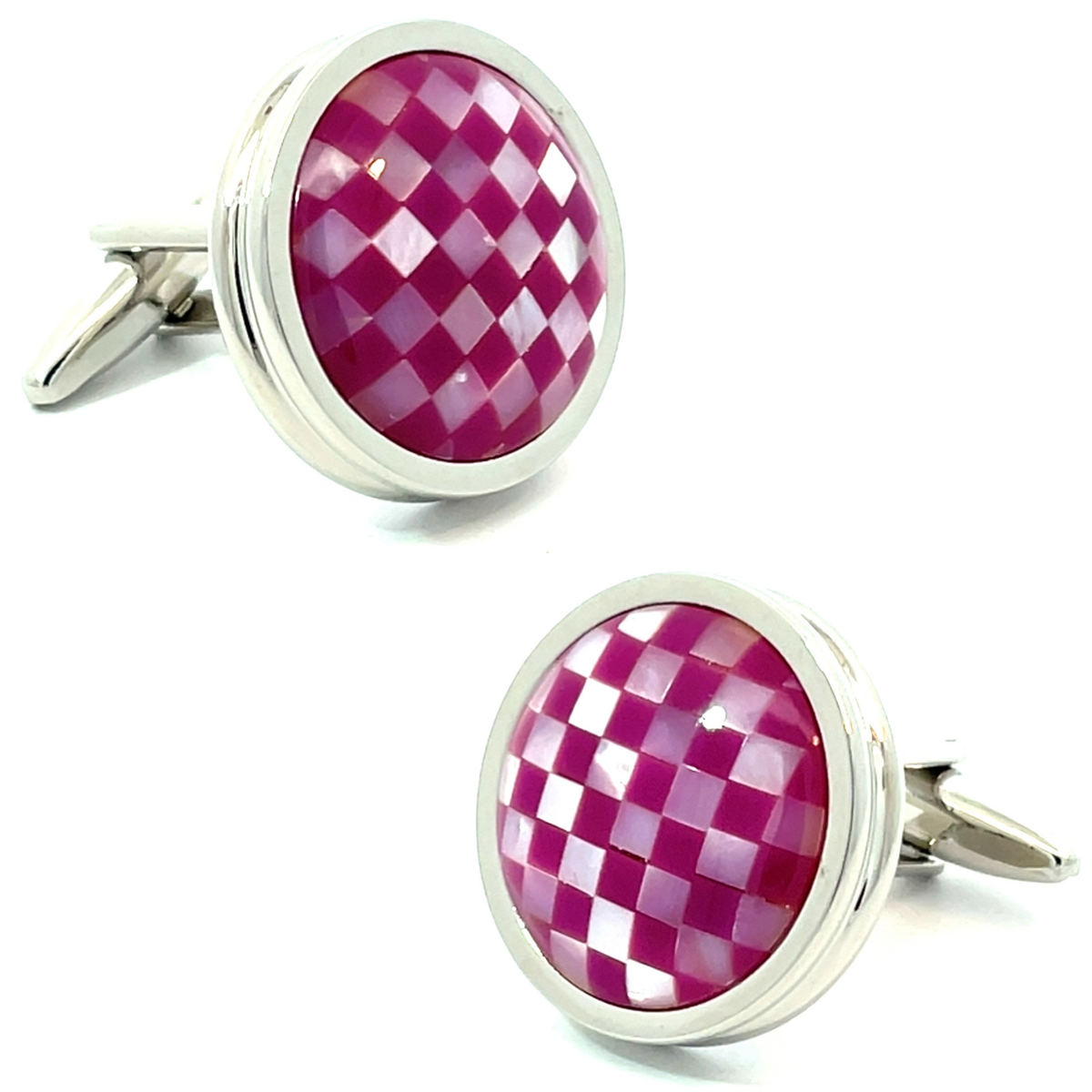 Mother of Pearl and Purple Checkerboard in Round Silver Cufflinks