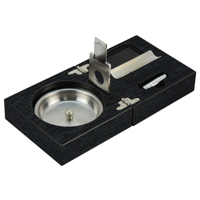 Oak Black Wooden Foldable Cigar Ashtray with Cigar Cutter