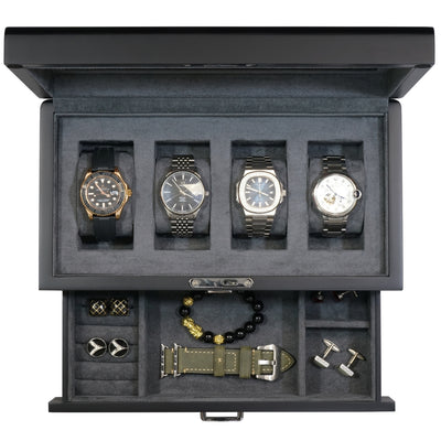 4 Slots Wooden Watch Box with Charcoal Interior and Drawer