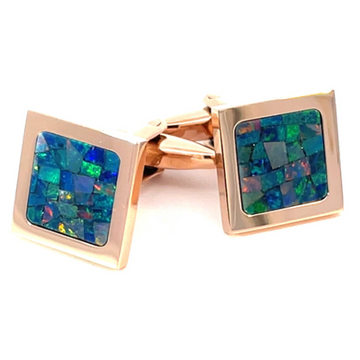 Australian Square Opal Cufflinks  (Green Shiny Rose Gold)