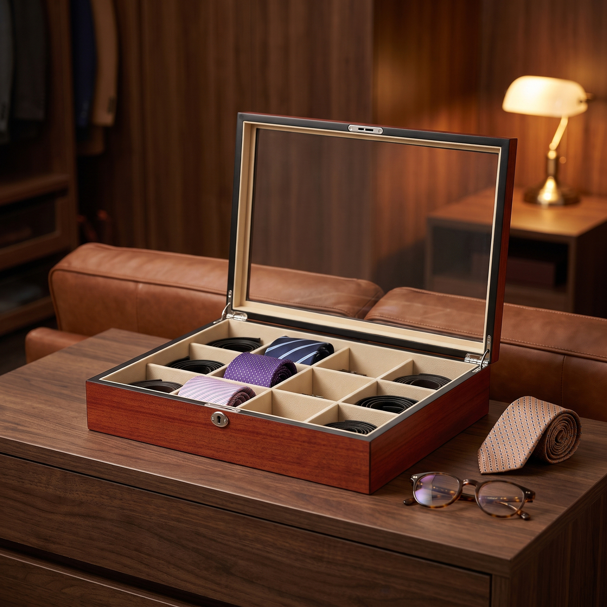 Cherry Wooden Tie Box for 12 — lifestyle shot