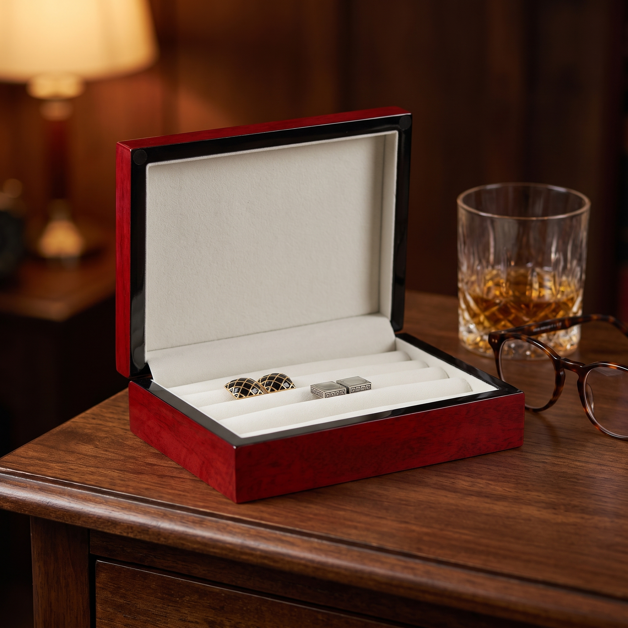 16 Pairs Wooden Cufflink Box Cherry — lifestyle shot