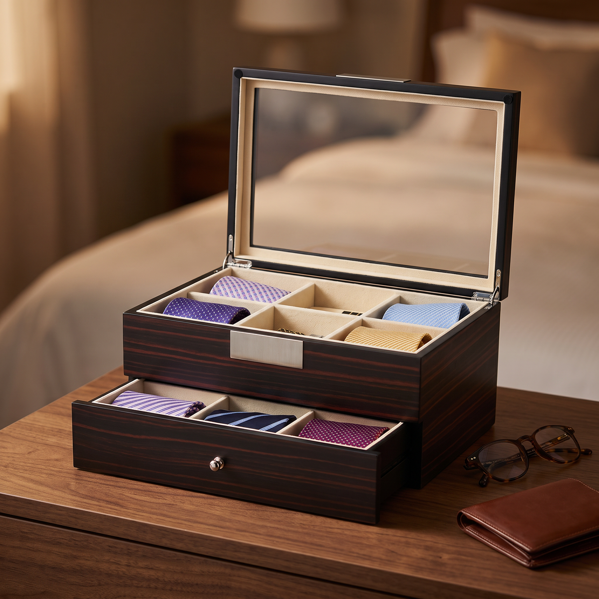 Ebony Wooden Tie Box for 12 — lifestyle shot