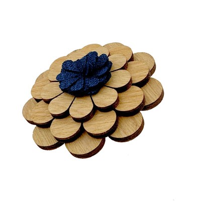 Wooden Flower with Blue Fabric Centre Lapel Pin