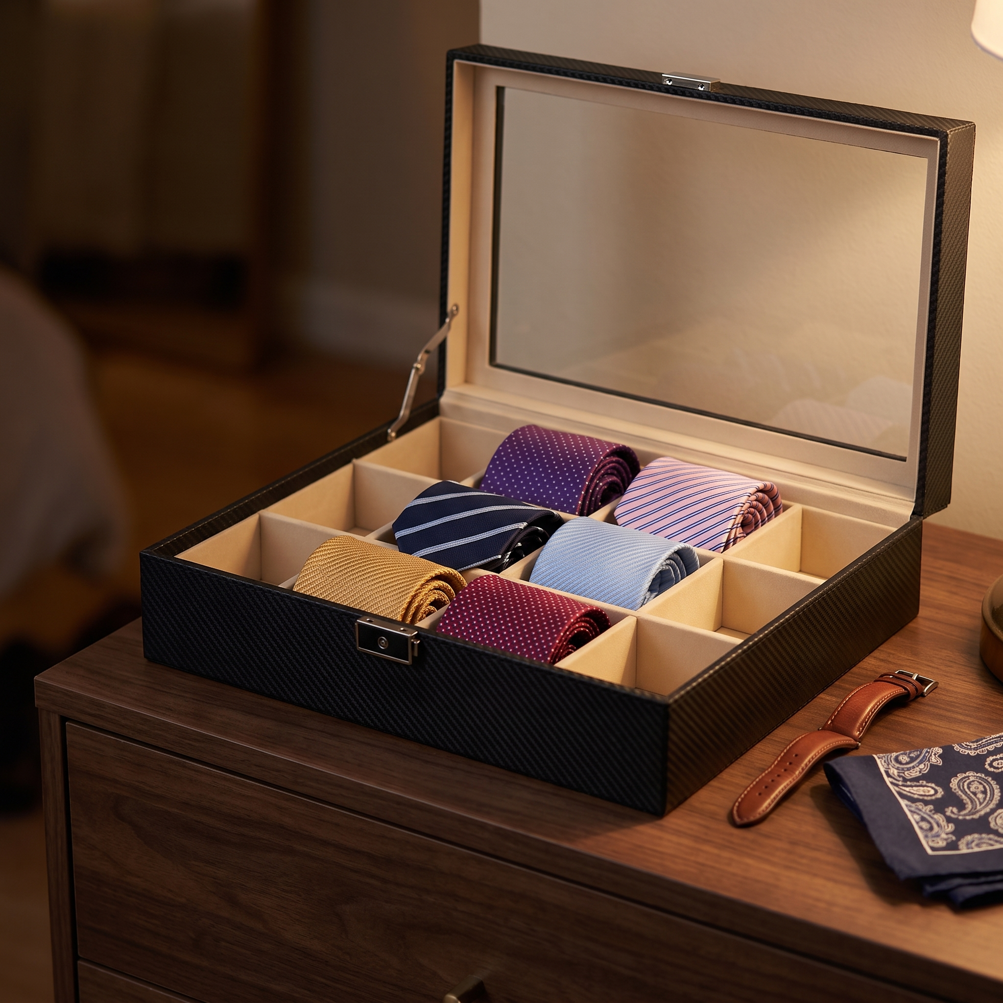 Carbon Fibre Leather Tie Box for 12 — lifestyle shot