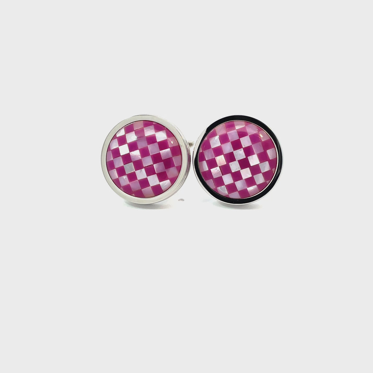 Mother of Pearl and Purple Checkerboard in Round Silver Cufflinks