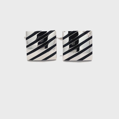 Black Diagonal Stripes on silver Cufflinks