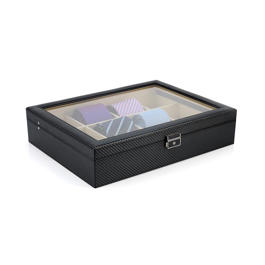 Carbon Fibre Leather Tie Box for 12 Storage Boxes Clinks 