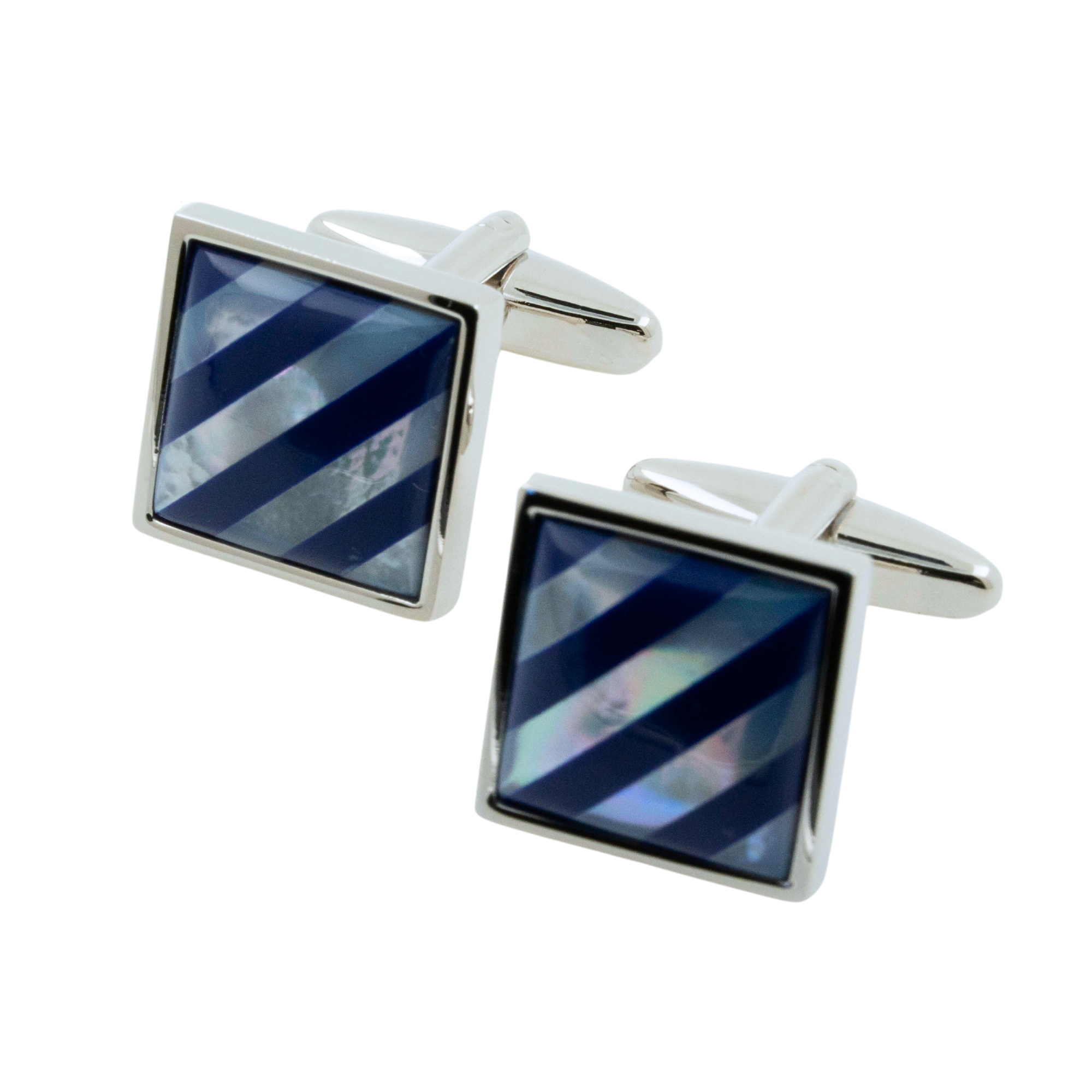 Navy Blue Diagonal Stripes on Mother of Pearl Cufflinks
