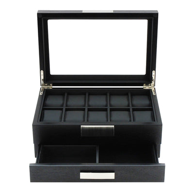 Black Wooden Watch Box, 10 Watch Box, Cuffed Watch Box, Clinks Australia Watch Box, Black Watch Boxes on Cuffed, Australia Watch Box, Watch Storage Box, Watch Display Box, 10 Slots Watch Boxes, Watch Boxes for 10, Wooden Watch Box, Black, Wooden, Watch Boxes with Drawer, Storage Boxes, CB5007, Clinks.com