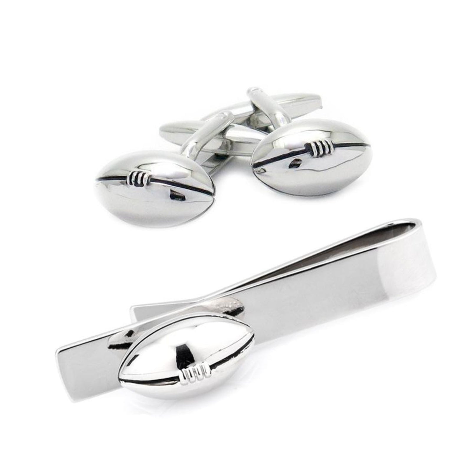Footy / Rugby Football Silver Cufflinks & Tie Bar Set