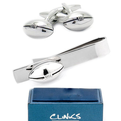 Footy / Rugby Football Silver Cufflinks & Tie Bar Set