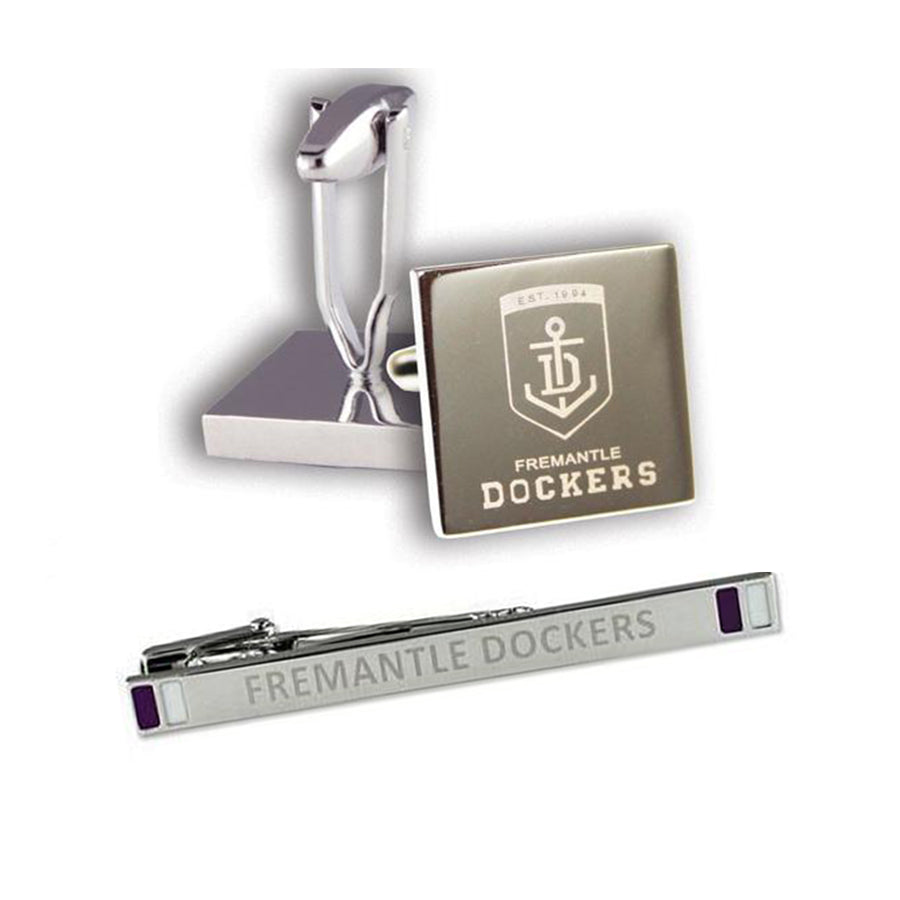 Silver AFL Fremantle Dockers Cufflinks & Tie Bar Set