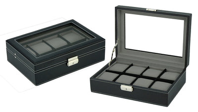 Black Leather Watch Box, 8 Watch Boxes, Cuffed Watch Box, Clink Australia Watch Box, Black Watch Boxes on Cuffed, Australia Watch Box, Watch Storage Box, Watch Display Box, 8 Slots Watch Box, Watch Box for 8, Black Watch Box, Black, Leather, Watch Boxes, Storage Boxes, CB5064, Clinks.com