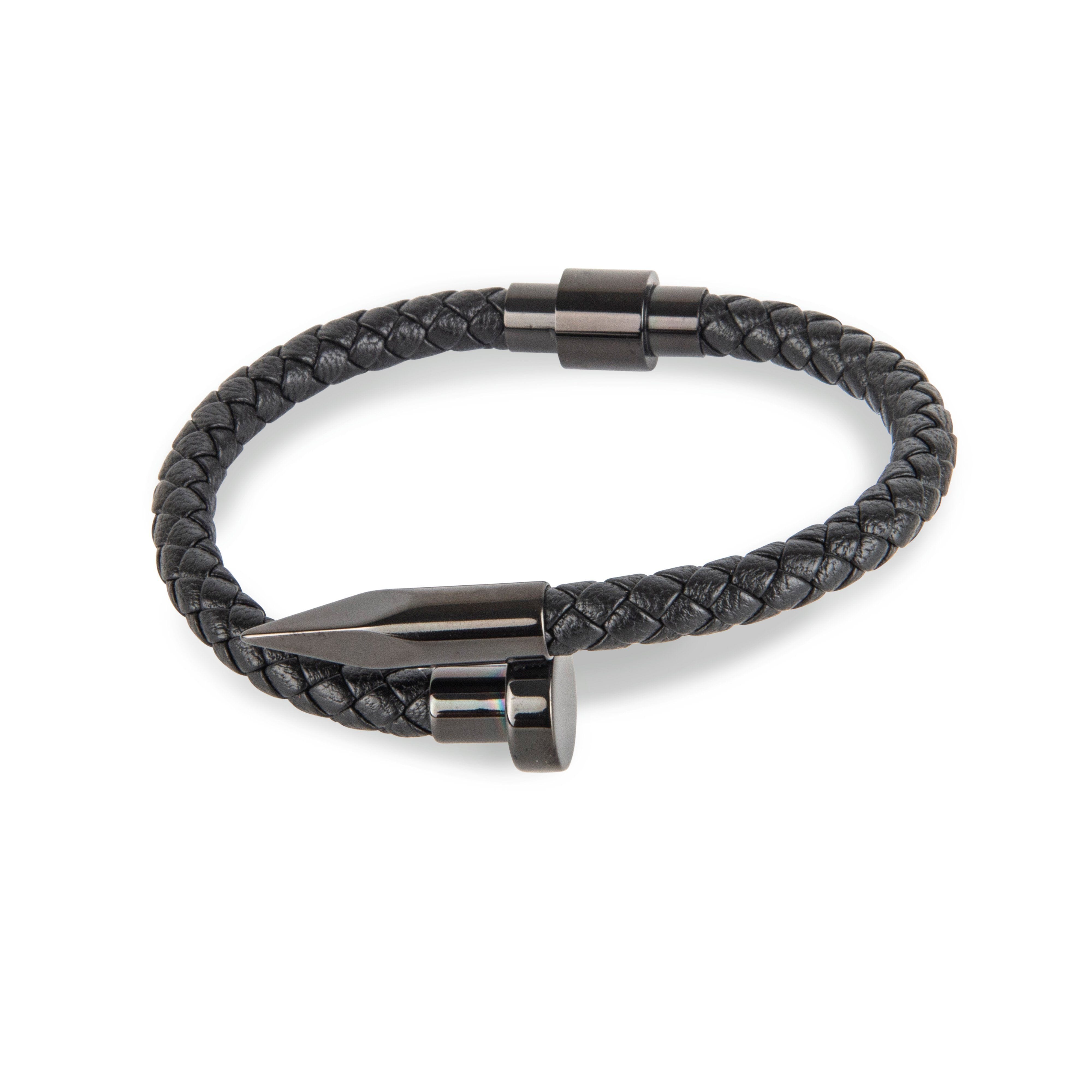 Black Leather Gunmetal Nail and Spike Bracelet Bracelet Clinks Australia Default 