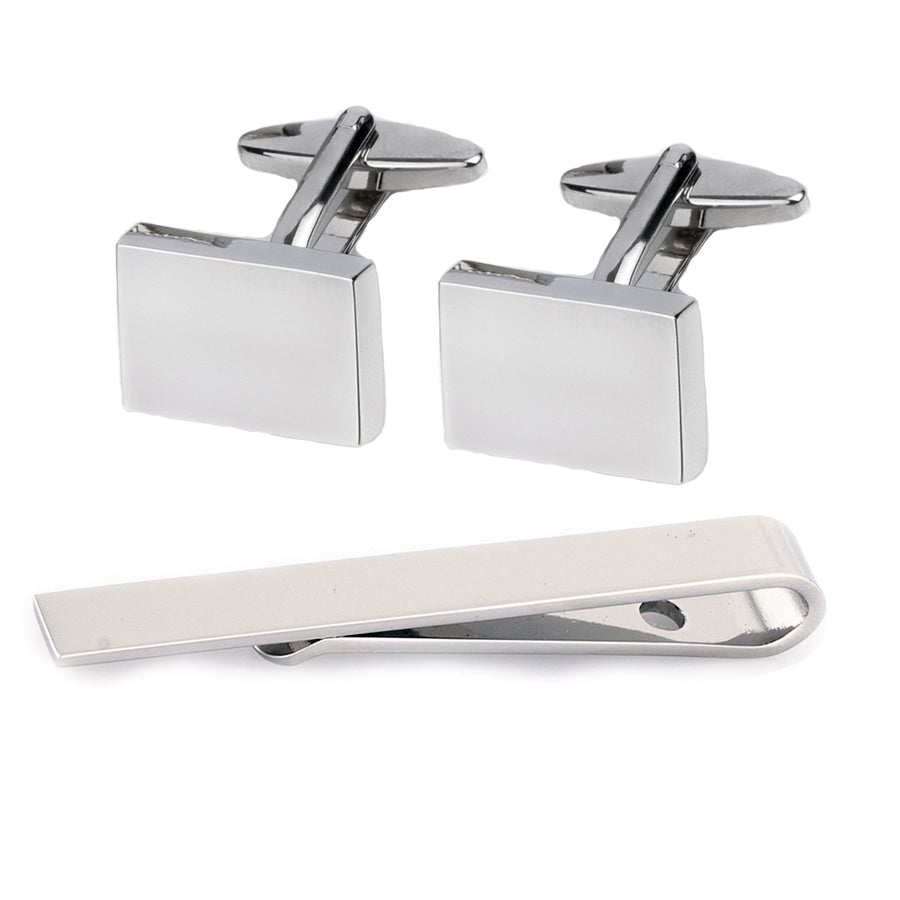 Silver Rectangle Cufflinks & Tie Bar Set