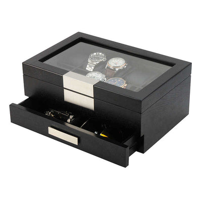 Black Wooden Watch Box, 10 Watch Box, Cuffed Watch Box, Clinks Australia Watch Box, Black Watch Boxes on Cuffed, Australia Watch Box, Watch Storage Box, Watch Display Box, 10 Slots Watch Boxes, Watch Boxes for 10, Wooden Watch Box, Black, Wooden, Watch Boxes with Drawer, Storage Boxes, CB5007, Clinks.com