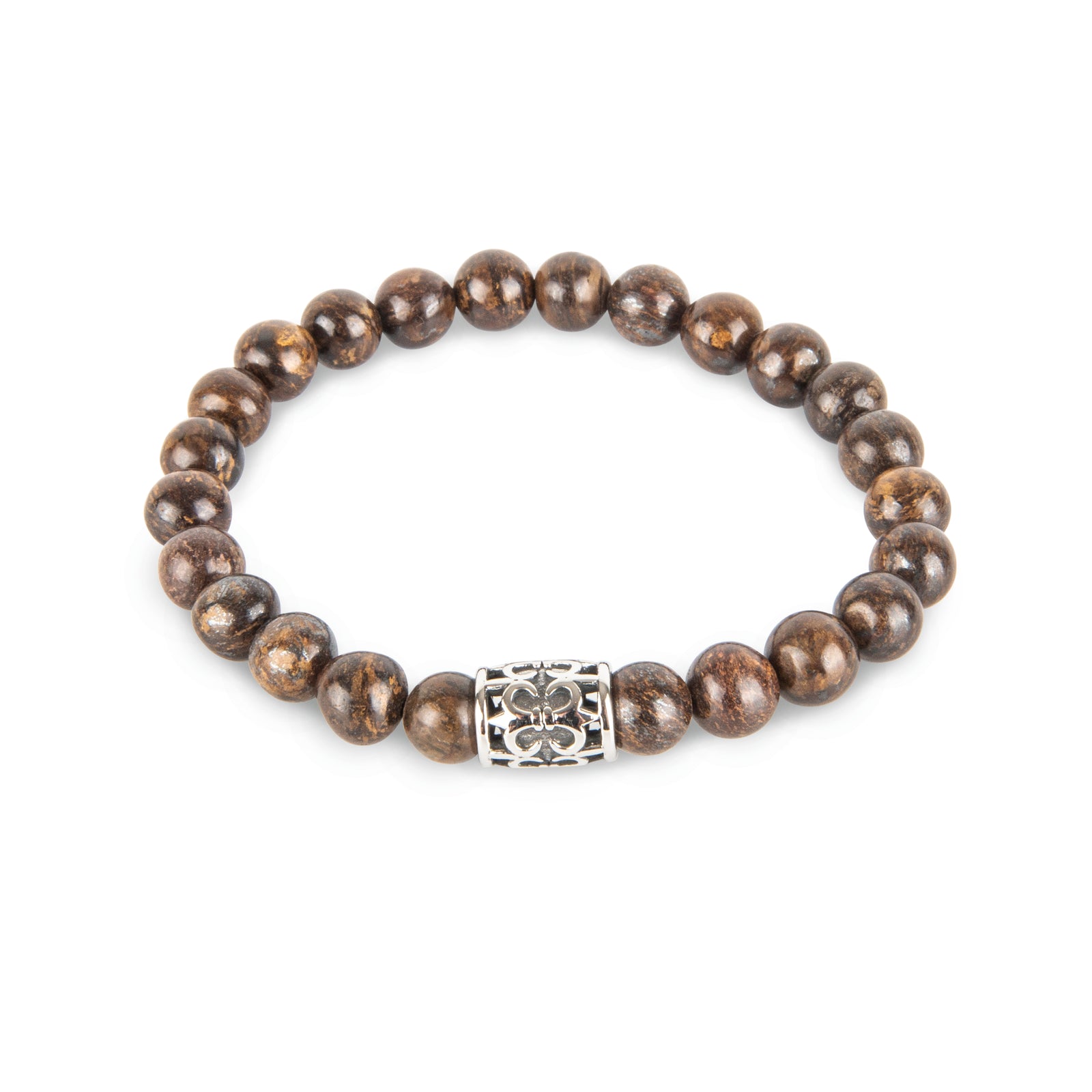 Beaded Bronzite & Silver Fleur De Lis Barrel Bracelet