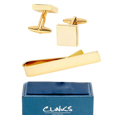 Shiny Square Gold Cufflinks & Tie Bar Set