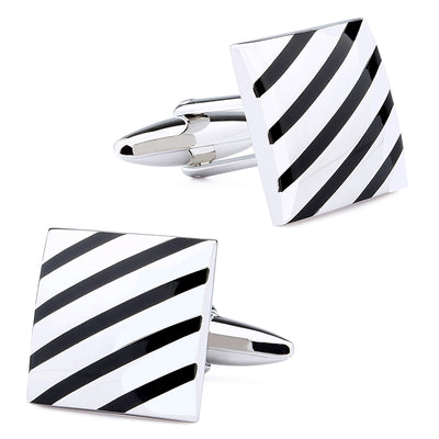 Black Diagonal Stripes on silver Cufflinks