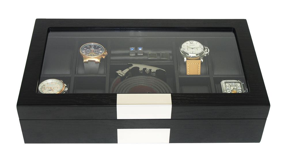 Black Wooden Watch Box, 8 Watch Box, Cuffed Watch Box, Clinks Australia Watch Box, Black Watch Boxes on Cuffed, Australia Watch Box, Watch Storage Box, Watch Display Box, 8 Slots Watch Boxes, Watch Boxes for 8, Wooden Watch Box, Black Wooden Watches + Organizer, CB5009, Clinks.com