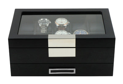 Black Wooden Watch Box, 10 Watch Box, Cuffed Watch Box, Clinks Australia Watch Box, Black Watch Boxes on Cuffed, Australia Watch Box, Watch Storage Box, Watch Display Box, 10 Slots Watch Boxes, Watch Boxes for 10, Wooden Watch Box, Black, Wooden, Watch Boxes with Drawer, Storage Boxes, CB5007, Clinks.com