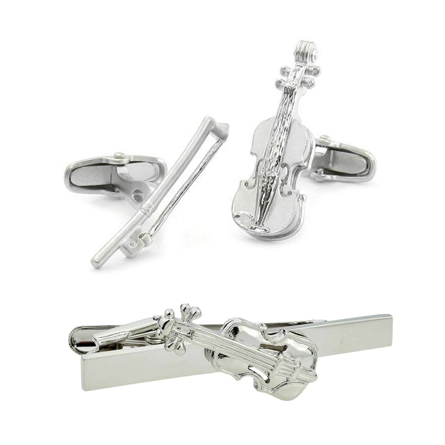 Violin Silver Cufflinks & Tie Clip Set