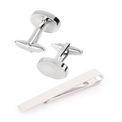Silver Oval Engravable Cufflinks & Tie Bar Set