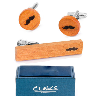 Wood Moustache Cufflinks & Tie Clip Set