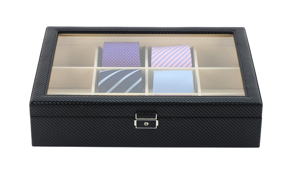 Carbon Fibre Leather Tie Box for 12, Tie Storage Box, Storage Boxes, CB5019, Cuffed, Clinks, Clinks Australia